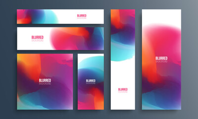 Set of vibrant color banners and flyers. Bright abstract backgrounds with multicolored blurred gradients for your creative graphic design. Vector illustration.