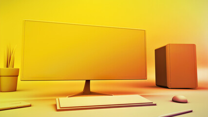Ultrawide monitor 3D graphics, wallpaper template. An minimal, colorful illustration with empty desktop pc screen, to add your own digital or physical products, software or app UI design, etc.