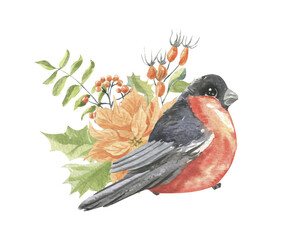 Watercolor illustration of a bullfinch framed by flowers and a rosehip branch