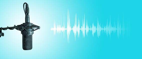 Studio vocal microphone with audio waveform on blue background. Podcast or music production banner...