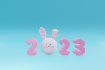 3d render. holiday numbers 2023 with bunny ears on a blue background
