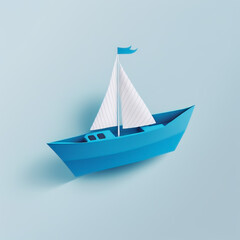 Paper craft sailing boat. Origami white yacht on blue background. Digital art paper blue boat. Design element.