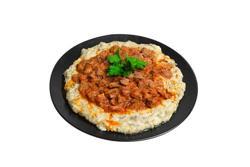 Sultans Delight from Ottoman Cuisine. Lamb Stew Served on a Bed of Aubergine Puree . Turkish Food Hunkar Begendi isolated white background