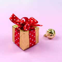 Festive composition. Gift box and golden balls