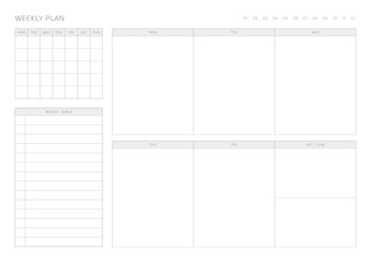 Fototapeta na wymiar A weekly plan design template in a modern, simple, and minimalist style. Note, scheduler, diary, calendar, planner document template illustration.