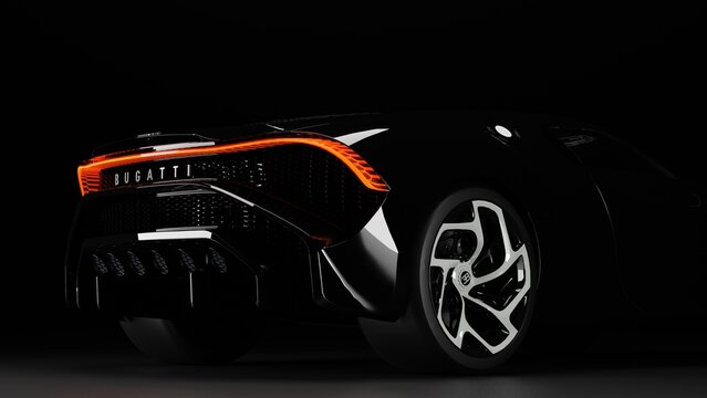 Bugatti La voiture noire sports car isolated on black, luxury car design, 3d render