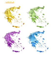 Set of vector polygonal maps of Greece. Bright gradient map of country in low poly style. Multicolored Greece map in geometric style for your infographics. Astonishing vector illustration.