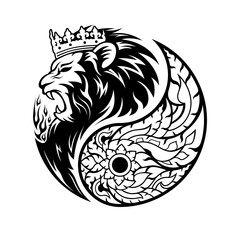 Yin Yang symbol. Black lion king head and white Thai art pattern. Design for a logo or icon. Vector illustration.
