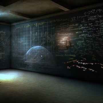 Classic Classroom With Blackboard With Maths And Calculations, From A Theoretical Physicist Creating Algorithms