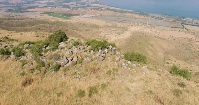 Aerial View of a lake and mountain side, Sea of Galilee, Israel.