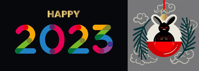Happy New Year 2023, postcard banner with Black Rabbit, Chinese New Year symbol