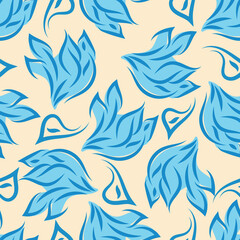 Fototapeta na wymiar Loose swirling leaf seamless vector pattern background. Blue off white botanical foliage hand drawn line art scattered leaves. Duotone backdrop.Tossed multidirection design for packaging, summer