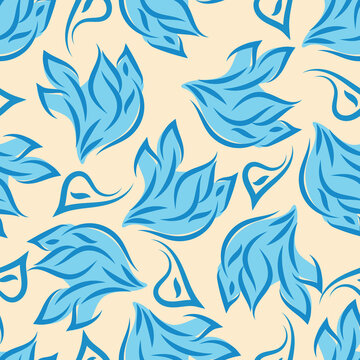 Loose swirling leaf seamless vector pattern background. Blue off white botanical foliage hand drawn line art scattered leaves. Duotone backdrop.Tossed multidirection design for packaging, summer