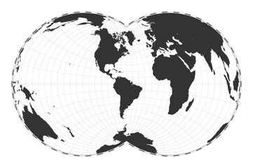 Vector world map. Nicolosi globular projection. Plan world geographical map with latitude/longitude lines. Centered to 60deg E longitude. Vector illustration.