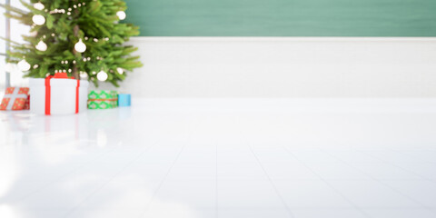 3d rendering of empty classroom consist of white tile floor, board or chalkboard, christmas tree and gift for teacher and student to teach, study and celebration. Background for education, christmas.
