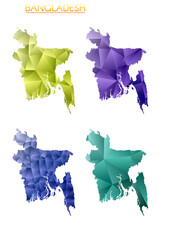 Fototapeta premium Set of vector polygonal maps of Bangladesh. Bright gradient map of country in low poly style. Multicolored Bangladesh map in geometric style for your infographics. Vibrant vector illustration.
