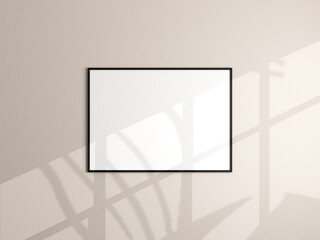 Photo frame mockup hanging on beige wall. Minimalist background. Blank picture frame mockup in living room. Poster mockup. Clean, modern, minimal frame. 3d rendering.