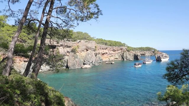 Tourist ships in the bay near Phaselis Ancient City