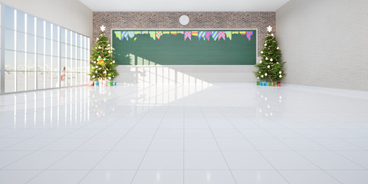 3d rendering of empty classroom consist of white tile floor, board or chalkboard, christmas tree and gift for teacher and student to teach, study and celebration. Background for education, christmas.

