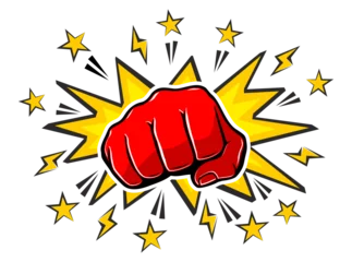 Foto op Plexiglas Explosive blow fist,  strong punch drawn in comic style. Fist punching, hit strong fist. Vector on transparent background © Kiselov