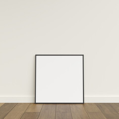 Empty picture frame on wooden floor leaning against wall. Blank poster frame standing on wooden floor. Blank poster frame mockup. Empty picture frame mockup. 3d rendering.