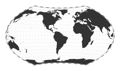 Vector world map. Wagner projection. Plan world geographical map with latitude/longitude lines. Centered to 60deg E longitude. Vector illustration.
