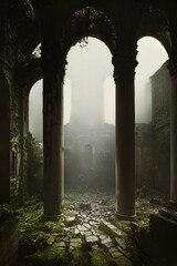 A ruined and decaying mansion, castle or factory. Long forgotten and overgrown.