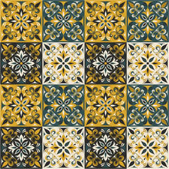 Seamless colorful tile with Islam, Arabic, Indian, ottoman motifs. Majolica pottery tile. Portuguese and Spain azulejo. Ceramic tile in talavera style. Vector illustration.