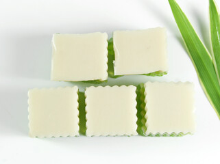 Pandan juice  with coconut milk jelly, Thai dessert.