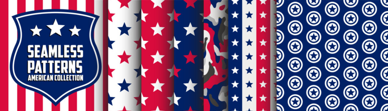 Seamless Patterns: American Collection. Stars and stripes made in USA. Set of 4th July designs. Graphics made for print and apparel. Labor backgrounds collection.