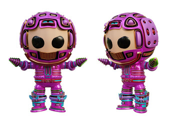 3D RENDERING PNG ILLUSTRATION. CUTE DESIGN ROBOT CYBORG ANDROID CHARACTER ISOLATED WHITE BACKGROUND. SPACEMAN ASTRONAUT CARTOON METAL PLASTIC AI MACHINE TECHNOLOGY GAME MODEL FIGURE ART TOY.