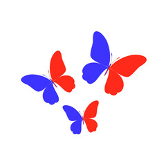 Butterflies decoration. Three red and blue butterflies. PNG illustration.