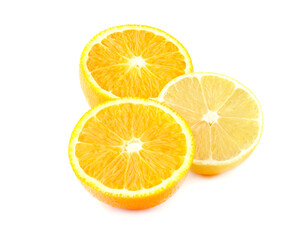 Orange fruits with lemon isolated on white background. Fruit halves.