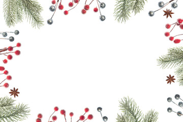 Fototapeta na wymiar Christmas frame with fir tree branches, red berries and silver balls on white background. Flat lay, top view, overhead