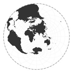 Vector world map. Airy's minimum-error azimuthal projection. Plan world geographical map with latitude/longitude lines. Centered to 60deg W longitude. Vector illustration.