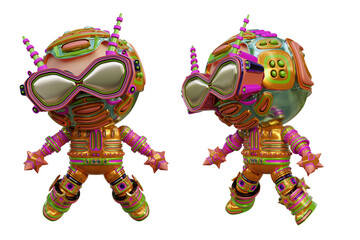 3D RENDERING PNG ILLUSTRATION. CUTE DESIGN ROBOT CYBORG ANDROID CHARACTER ISOLATED WHITE BACKGROUND. SPACEMAN ASTRONAUT CARTOON METAL PLASTIC AI MACHINE TECHNOLOGY GAME MODEL FIGURE ART TOY.