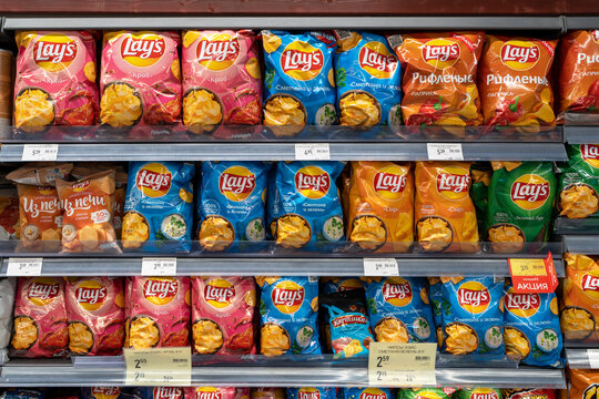 Lays Potato Chips on display in a supermarket. Minsk, Belarus, 2022