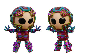 3D RENDERING PNG ILLUSTRATION. CUTE DESIGN ROBOT CYBORG ANDROID CHARACTER ISOLATED WHITE BACKGROUND. SPACEMAN ASTRONAUT CARTOON METAL PLASTIC AI MACHINE TECHNOLOGY GAME MODEL FIGURE ART TOY.