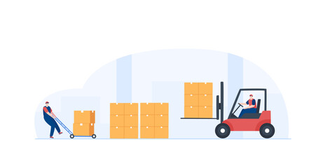 Warehouse workers loading boxes on forklift. inventory management. Illustration