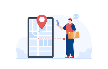 Parcel delivery staff checking the delivery location. Tracking online delivery using mobile. Illustration