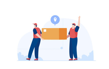 Delivery man workers carry a heavy box together. Employee arranging boxes. Vector illustration