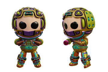 3D RENDERING PNG ILLUSTRATION. CUTE DESIGN ROBOT CYBORG ANDROID CHARACTER ISOLATED WHITE BACKGROUND. SPACEMAN ASTRONAUT CARTOON METAL PLASTIC AI MACHINE TECHNOLOGY GAME MODEL FIGURE ART TOY.