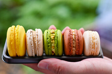 unbox French pastel delicious macaroons in assorted in lime , pistachio green, praline , coffee, and cream vanilla in box on the palm hand selective focus