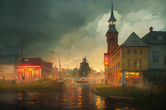 Fantasy digital  art of small town Ontario in Canada during heavy rain in the summer. Colourful digital artwork with illuminated streets in a nostalgic concept art. Raining during moody evening.
