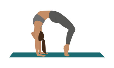 Slim female character goes in for sports on a sports mat on a white background