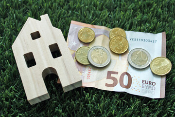 Concept de maison et monnaie euro sur pelouse verte, gazon