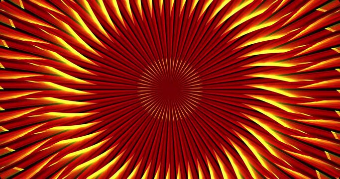 Luminous beams of red and yellow shades come from the center of the frame and replace each other. Animated background and club video. Endless cycle. A loop