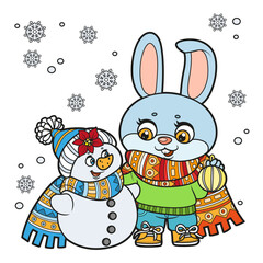 Cute cartoon rabbit in warm scarf and sweater talking to a snowman color variation for coloring page on white background