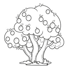 Large overgrown plum tree with fruits outlined for coloring page on white background