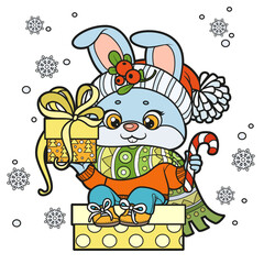 Cute cartoon rabbit in warm scarf and sweater with gift in paw sit on a gift box color variation for coloring page on white background